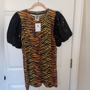 Queen of Sparkles tiger print dress w black puffy sleeves - all sequined